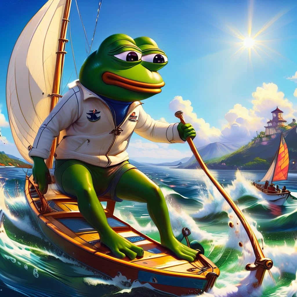 pepe the frog, race sailing, anthropomorphic frog character, frog sailing boat, dynamic sailing pose, splash water effects, sunny seascape environment, colorful sailboat, vibrant colors, whimsical digital art, highly detailed, masterpiece, cinematic lighting, photorealistic, award winning illustration