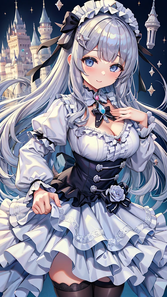 Masterpiece、Highest quality、Super detailed、Fluffy and soft long hair、Gray Hair、Diamond Eyes、Big Tits、Too big breastagic使い、Lolita Clothing、Ribbons and frills、diamond brooch、magicのダイヤモンドのステッキ、magic、smile、Cute castle