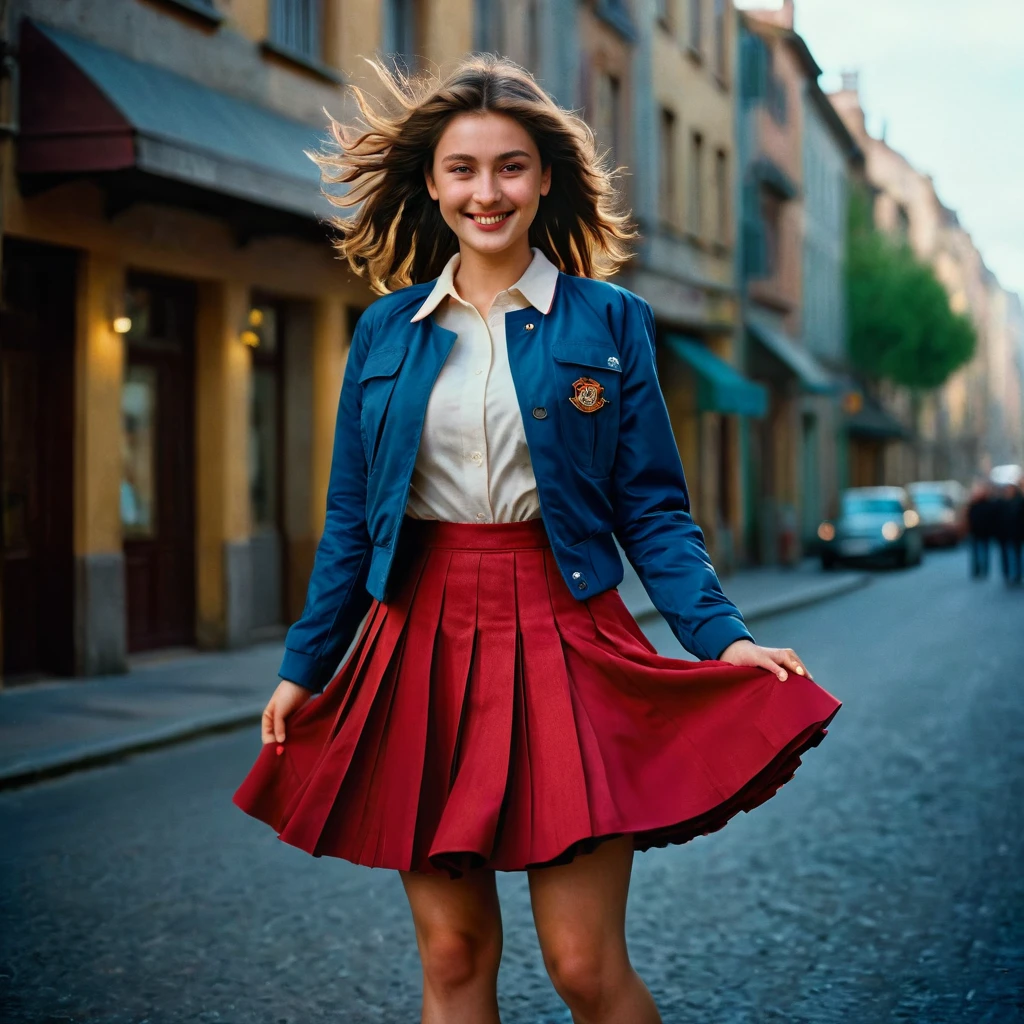 A smiling, authentic, (shy:1,3), kind, beautiful woman, is passionately in love with her skirt, wind wildly lifts her skirt, wearing uniform jacket and very, very detailed (long (fully pleated) full circle skirt) and (low heeled court shoes), very, very intricate hyper-detailed symmetric (attractive graceful young feminine face) with (sad, tired eyes and a loving smile), very voluptuous breasts, full of empathy and compassion and love, (pronounced (feminine) features), (highly detailed ultra accurate realistic) hands and fingers, (windy), epic composition, highly detailed attributes, (35mm f1.4 Kodak portra 400 photograph), extremely high quality RAW photograph, highly detailed atmosphere, sci-fi, cinematic shot, dynamic lighting, 75mm, Technicolor, Panavision, cinemascope, sharp focus, fine details, 8k, HDR, realism, realistic, key visual, film still, superb cinematic color grading, depth of field