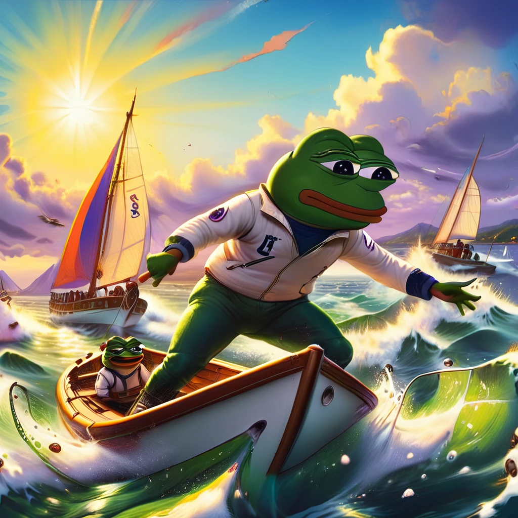 pepe the frog, race sailing, big boat, anthropomorphic frog character, frog sailing boat, dynamic sailing pose, splash water effects, sunny seascape environment, colorful sailboat, vibrant colors, whimsical digital art, highly detailed, masterpiece, cinematic lighting, photorealistic, award winning illustration