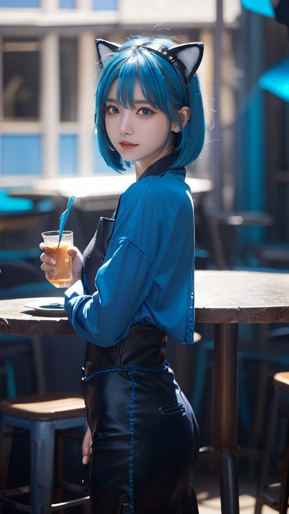 masterpiece, 4K, Bokeh, Beautiful Face, (blue medium bob hair:1.4), (Blue Theme:1.6), Looking at the audience, (Blue cafe background:1.5), (Cowboy Shot:1.4)，front，whole body、Cat ear