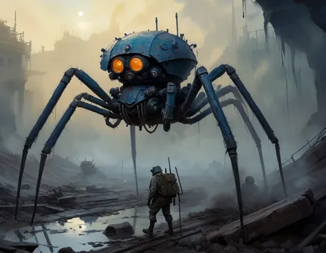 concept art, Clockworkspider walker from the First World War. Oil painting trend, muted colors, slate tones, brush strokes, puff...