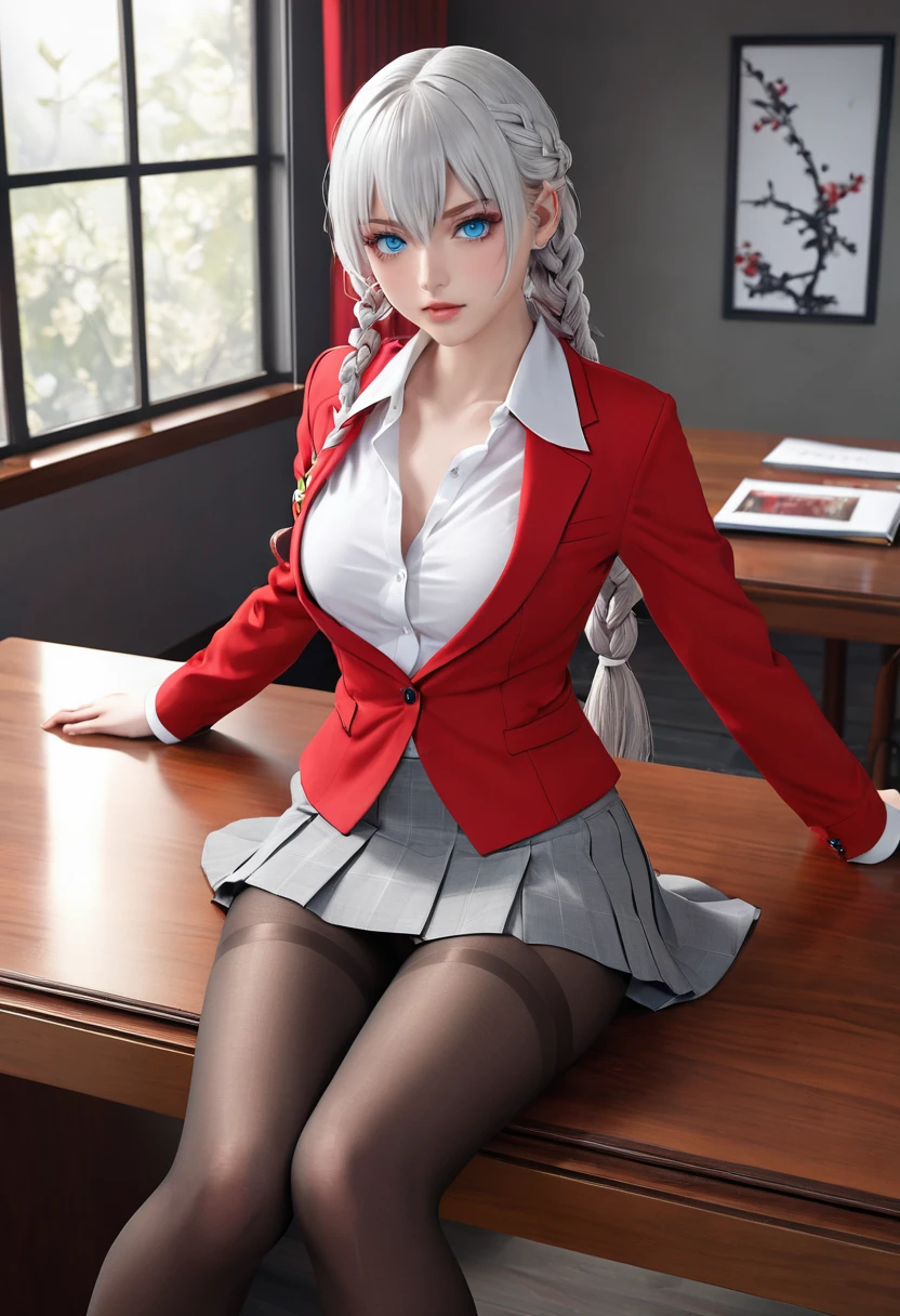 "1 girl, incredibly detailed 8k computer graphics, perfect model, mesmerizing idol, Stunning face, unearthly beauty, virgin white hair, ring braids, Charming Blue Eyes,  Kakegurui ,  red blazer, White shirt, pleated gray skirt,  brown tights, sat on the table  , whole body, legs spread, pussy visible, thong mesh, unbutton your shirt, bare chest