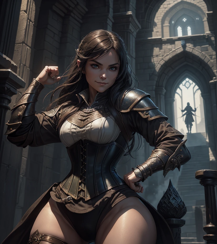 (((Solo-Charakterbild.))) (((Generieren Sie ein Einzelzeichenbild.))) dunkel Fantasie Kunst, (((dunkel, nachtzeithintergrund.))) (((Strong elements of dark medieval Fantasie.))) Kunststil von J Scott Campbell.  (((Der Charakter sieht aus wie FBB Brandi Mae Akers.))) Sieht aus wie ein spannendes, spannend, Abenteurerin für Dungeons & Drachen.  Looks like a spannend female swashbuckler in a Fantasie setting.  Single female Charakterporträt, Fantasie Kunstwork, Fantasie attire, Fantasie clothes, (((Lederrüstung))), (((engen korsett))), schattig, athletischer Körper, Turner Körper, (((selbstgefälliges Lächeln))), (((Aktionspose))), (((mittelalterliche Kleidung))), hochgezogene Augenbrauen, frech, (((wunderschönes Gesicht))), hinterhältig, listig, attraktiv, sexy, jugendlich, (((lustvolles Lächeln))), (((sehr sexy und verführerische Haare))), feste Brüste, arrogant, Schöner Körper, hyperdetailliert, trending on Kunststation, (((Dungeons & Drachen))) pathfinder, skyrim, Herr der Ringe, Game of Thrones, Charakterporträt, komplizierte Details, Extrem detailliert, Extrem detailliert clothes, epic Meisterwerk, komplizierte Details, Trends auf ArtStation, digital Kunst, unwirkliche Engine, 8k, Ultra HD, zentriertes Bild wunderschönes Gesicht, Fantasie Kunstwork, Fantasie attire, Fantasie adventurer, Meisterwerk:1.3,wahnsinnig detailliertes Foto:1.2, hyperrealistische, lebensechte Textur:1.4, Bilderbuch:1.0,8k, Hauptsitz,beste Qualität:1.0, (Meisterwerk,Fantasie,Kunst, beste Qualität, unwirkliche Engine, 8k, Ultra HD, zentriertes Bild, absurdesten, beste Qualität:1.0,hyperrealistisch:1.0,fotorealistisch:1.0,Wahnsinnig detailliertes CG Unity 8k-Hintergrundbild:1.0,Meisterwerk:1.3,wahnsinnig detailliertes Foto:1.2, hyperrealistische, lebensechte Textur:1.4, Bilderbuch:1.0,8k, Hauptsitz,beste Qualität:1.0,