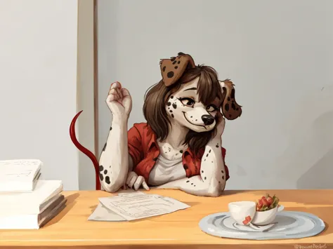 a cute and anthropomorphic, black spots and white fur female dog, she's dressed with a red vine colored shirt, closed smile, hig...