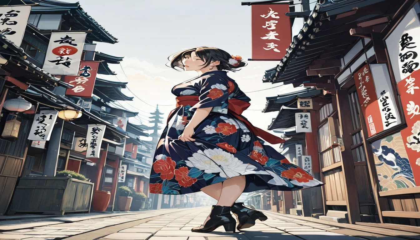 masterpiece, Great quality, Highest quality, High resolution, 4K, 8K, 超High resolution, 
Ukiyo-e art style, By Lela, by yoneyama mai, by Kunisada III 1girl,  Floral dress and ankle boots, stylish,  Modeling Pose, Osaka Sightseeing,
Movie angle, From the side,
