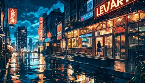 High definition photos. The sky is dark and full of dark clouds. A city full of neon signs on a dark night. There is standing wa...