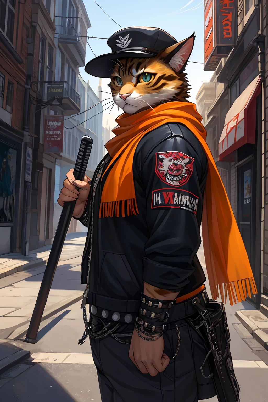 a painting of a cat wearing a hat and scarf, trending in the art station, dressed in punk clothes, detailed hyper realistic rendering, british gang member, street style, intimidating pose, planet of the cats, clothes with fashion, urban samurai, meow, west slavic features, 8 1 5