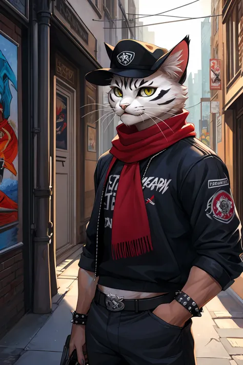 a painting of a cat wearing a hat and scarf, trending in the art station, dressed in punk clothes, detailed hyper realistic rend...