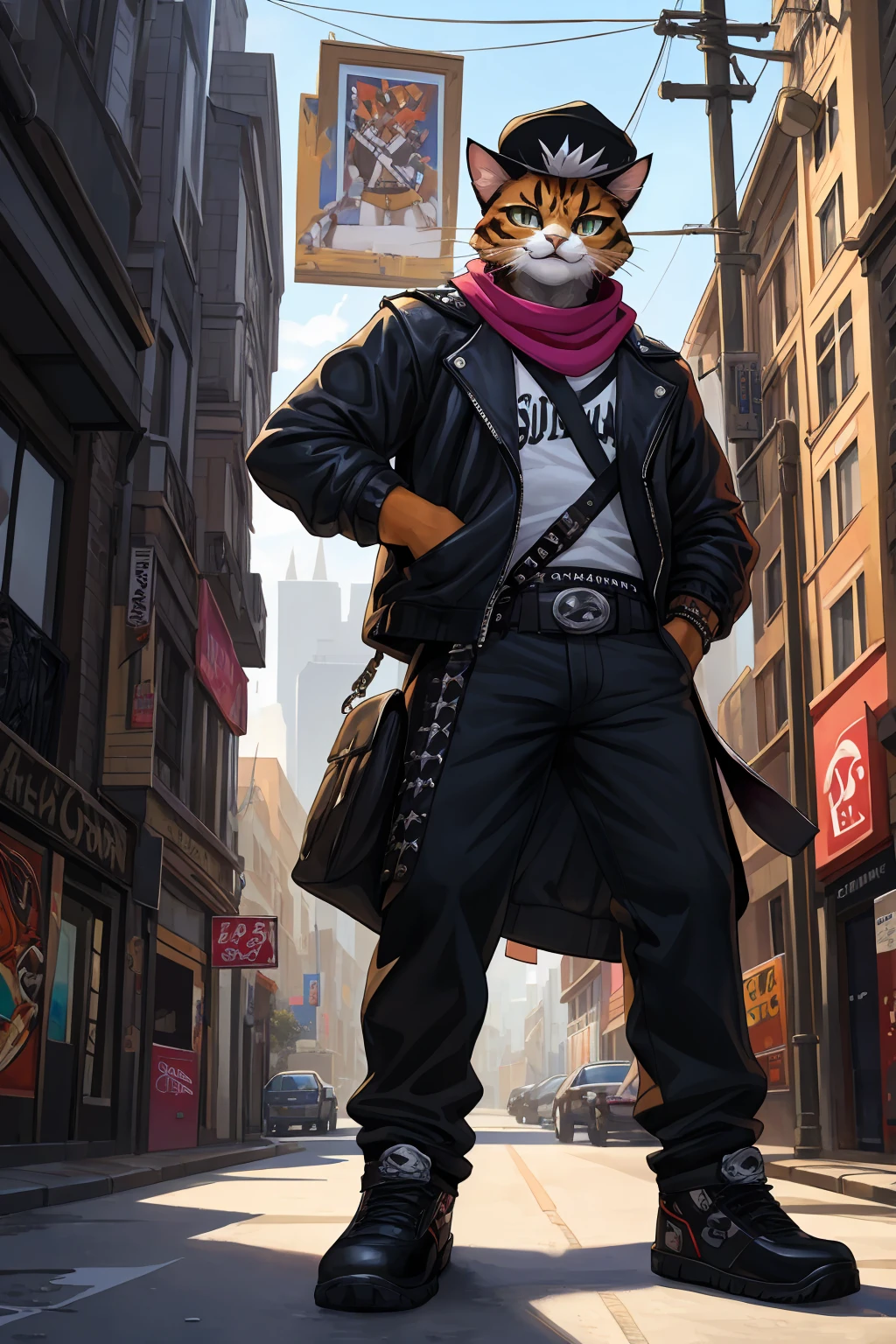 a painting of a cat wearing a hat and scarf, trending in the art station, dressed in punk clothes, detailed hyper realistic rendering, british gang member, street style, intimidating pose, planet of the cats, clothes with fashion, urban samurai, meow, west slavic features, 8 1 5