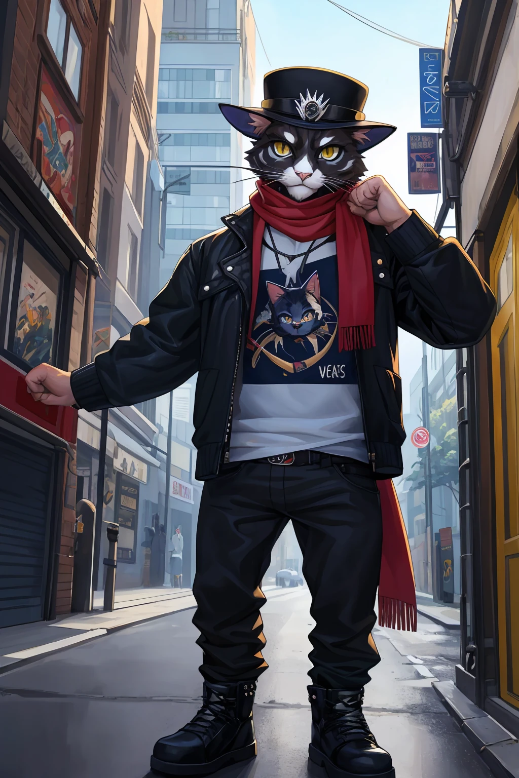 a painting of a cat wearing a hat and scarf, trending in the art station, dressed in punk clothes, detailed hyper realistic rendering, british gang member, street style, intimidating pose, planet of the cats, clothes with fashion, urban samurai, meow, west slavic features, 8 1 5