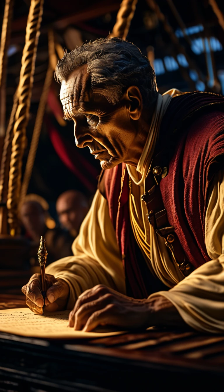 Julius Caesar writing poetry on a pirate ship, background dark, hyper realistic, ultra detailed hyper realistic, photorealistic, Studio Lighting, reflections, dynamic pose, Cinematic, Color Grading, Photography, Shot on 50mm lens, Ultra-Wide Angle, Depth of Field, hyper-detailed, beautifully color, 8k, golden light from the front,