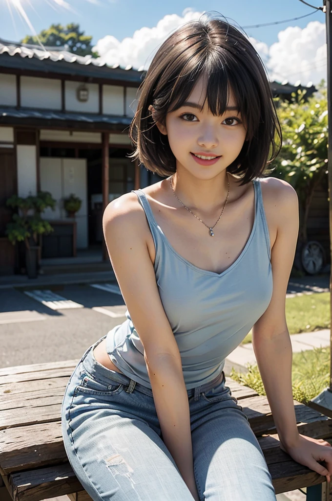 Best image quality、Ultra-high resolution、Tabletop、Photo quality(Realistic:1.8)、pores、Accuracy、ASİAN,japanese girl,Japanese women、23-year-old girl、Black-haired、cuteえくぼ、Young Face、cute、Short Bob、Slender girl、Small breasts、 Flat Chest、To the camera、Turn your body forward、Gravure Beautiful Girl、Sitting on a bench、whole body、grass、garden、Blue Tank Top、Slim pants、Silver necklace、White sneakers、blue sky、White cloud、Light of the sun、Reflective plate、Protruding、Laughing with your mouth open、White teeth、Happily、Look straight ahead、