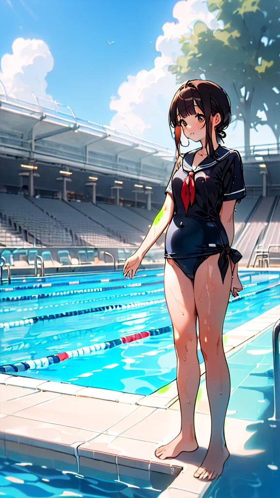 ((masterpiece,Highest quality)),Two Girls, Swimsuit, High leg,, Black Hair, Poolside, Day, Swimming Stadium, ,Tie-up hair, View your viewers, Recall, Multiple Girls, heart, Outdoor, Brown Hair, ribbon, barefoot,  stage, Are standing, Soaking wet, glamorous、Plump