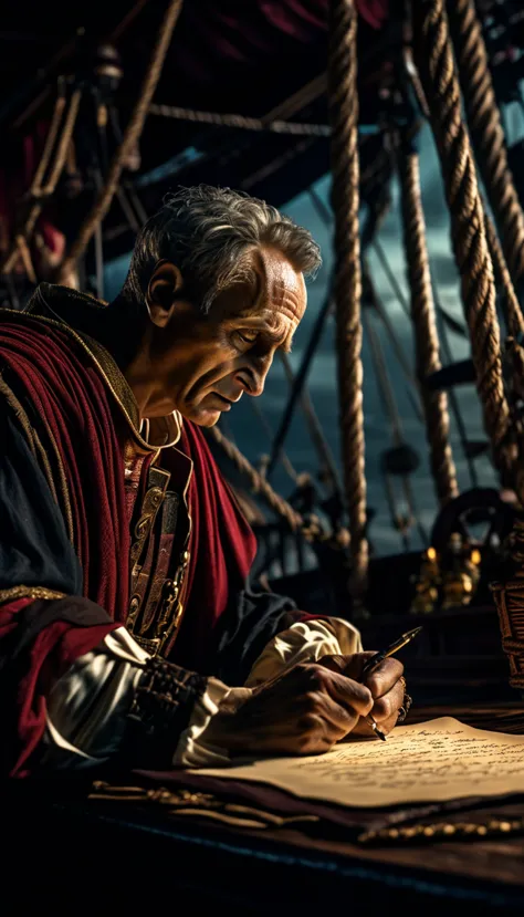 Julius Caesar writing poetry on a pirate ship, background dark, hyper realistic, ultra detailed hyper realistic, photorealistic,...