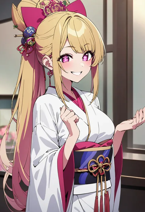 blonde、kimono、oiran、highest quality、high resolution、8k,highest quality、star-shaped pupil、the best smile、long hair、pink eyes、pony...