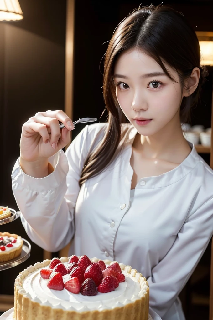 Pastry Chef、Long sleeve、(Highest quality)、((Very detailed))、4K、(8K)、masterpiece、Very detailedな、Highest quality、Super Resolution、1 person、Kind Face、Soft Light、RAW quality、Soft Skin、163cm、Cake Shop、Fruit Tart Cake