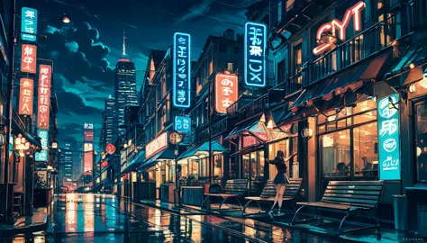 High definition photos. The sky is dark and full of dark clouds. A city full of neon signs on a dark night. There is standing wa...