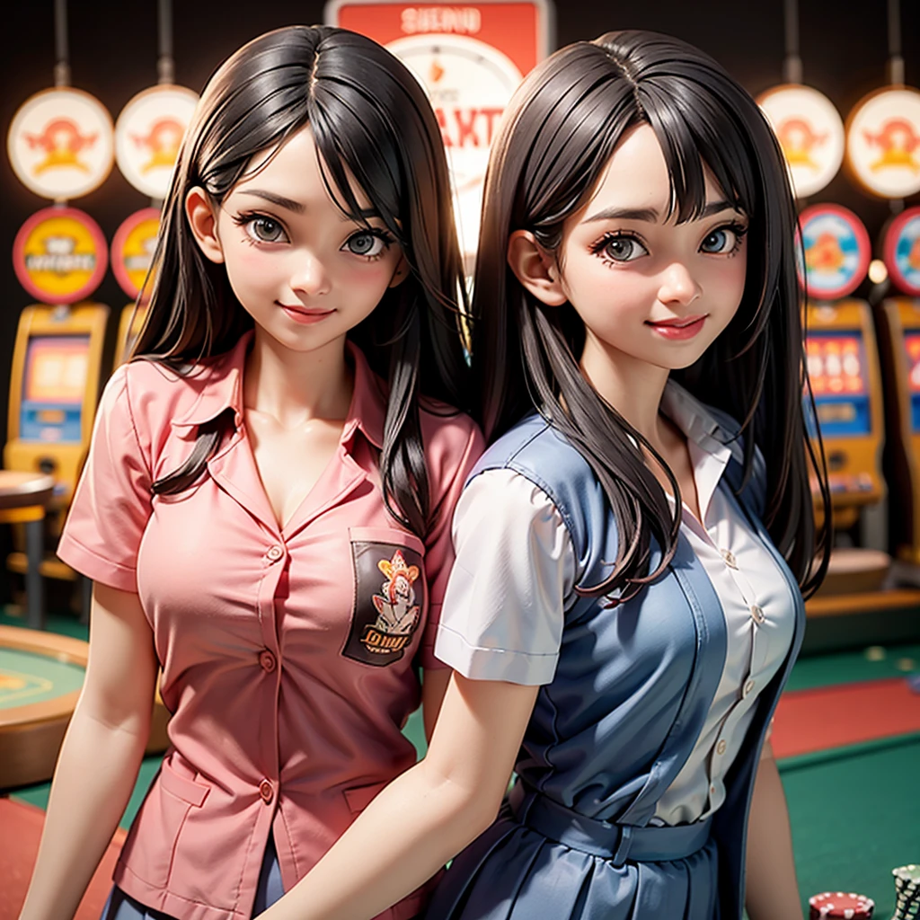 happy and smile, {{indonesian girl}}, {wearing high school uniform}, teasing and waiting customer play, standing, playing in casino, red casino background, polite and kind, Sweet Face, roulette table, poker table, big slot machines right and left, 