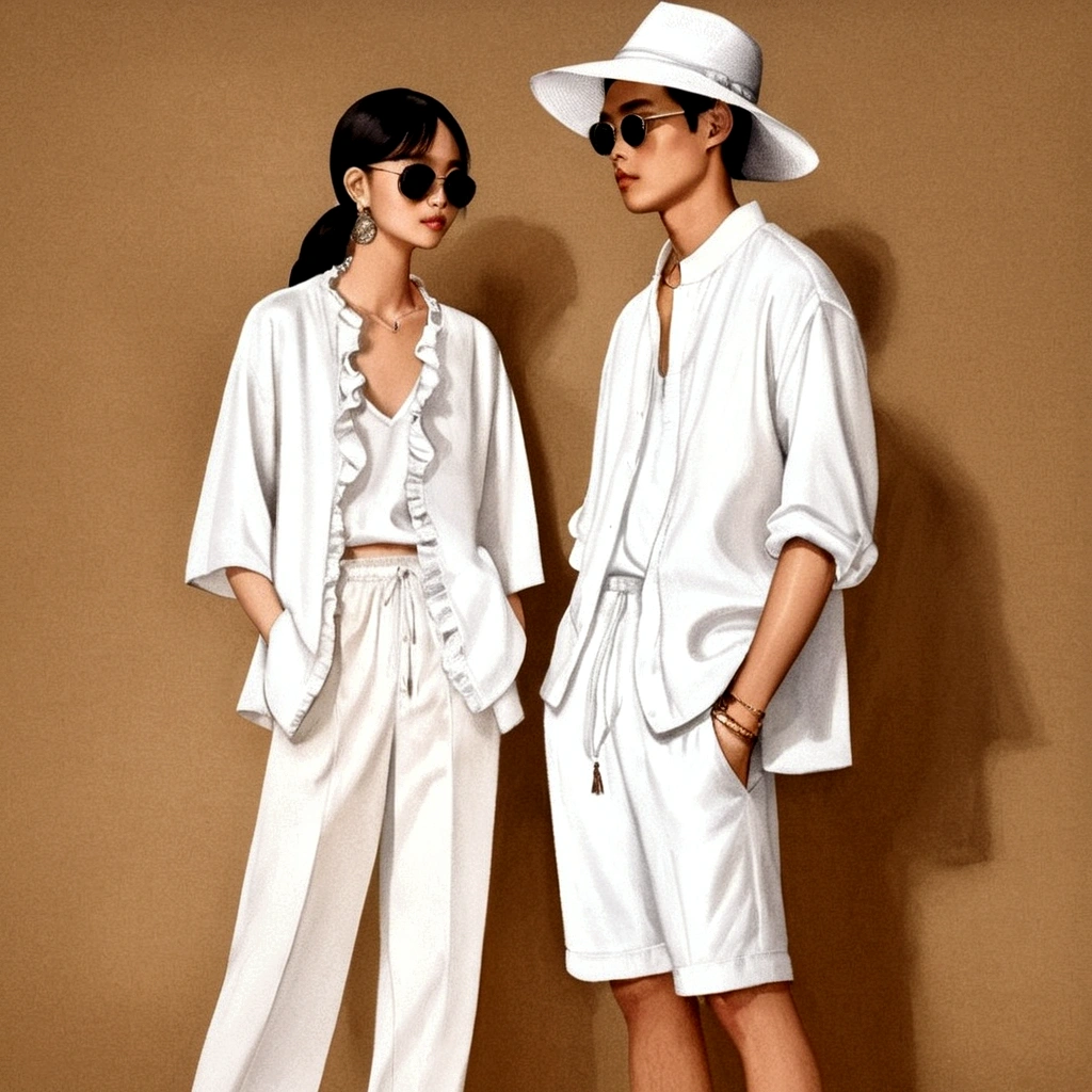 candid fashion illustration of young Asian man and woman, both aged 20 year old, ((showcase fashion in a White cotton-rayon outfits)), inspired by JACQUARD 's resort collection in elegant bohemian style. The man wears an oversized short-sleeved white shirt, paired with relaxed-fit white Drawstring short Pants, He completes his look with sneakers, wooden-framed sunglasses, and a woven bracelet. The woman complements him in a white rayon dress with Drawstring and ruffle ruffle skirt details, Her ensemble includes an accessorizes with a wide-brimmed straw hat, white sneakers and necklace. Captured in a ((full-body pose)), ((paper material background)), realistic charcoal lines, imperfect drawing, charcoal lines, fading sketch, fashion look book, sketch design,