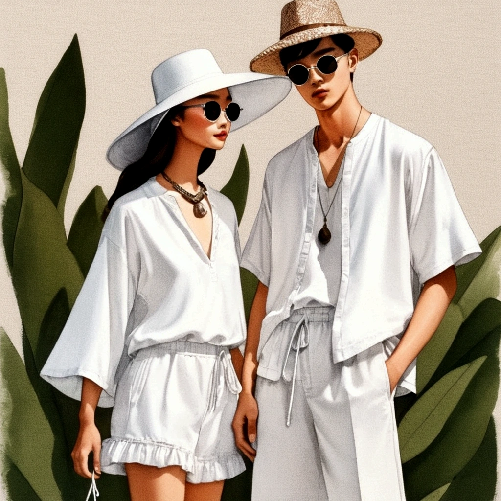 candid fashion illustration of young Asian man and woman, both aged 20 year old, ((showcase fashion in a White cotton-rayon outfits)), inspired by JACQUARD 's resort collection in elegant bohemian style. The man wears an oversized short-sleeved white shirt, paired with relaxed-fit white Drawstring short Pants, He completes his look with sneakers, wooden-framed sunglasses, and a woven bracelet. The woman complements him in a white rayon dress with Drawstring and ruffle ruffle skirt details, Her ensemble includes an accessorizes with a wide-brimmed straw hat, white sneakers and necklace. Captured in a ((full-body pose)), ((paper material background)), realistic charcoal lines, imperfect drawing, charcoal lines, fading sketch, fashion look book, sketch design,