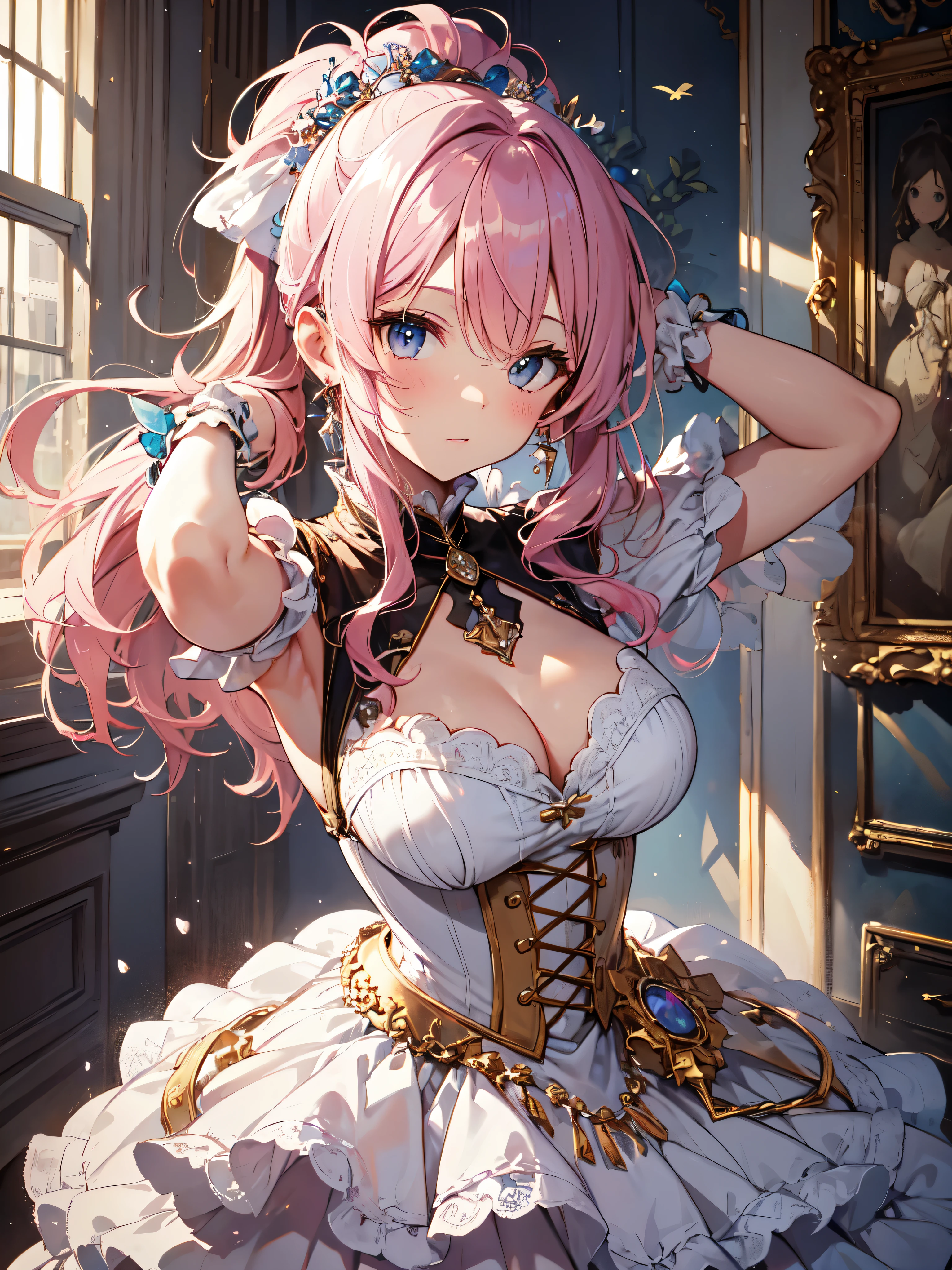 (((Ultra gorgeous  beautiful dress is rococo style bawlgawn with))), ((hoopskirt and long hems)), solo lady is cute and very beautiful, (ponytail pink fluffy hair:1.5), Curly Hair, (Expressive hair:1.2), (very voluminous long hair:1.2), (cowboy shot), (huge breasts), (((masterpiece))), (((best quality))), (((ultra detailed))), ((an extremely delicate and beautiful)), (unity 16k wallpaper), (five fingers:1.5), (hands on head:1.2), 