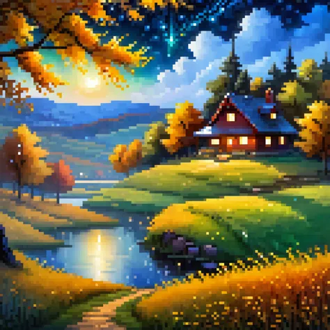 (highly detailed), ((masterpiece)),(impasto), intricate, digital painting,shadow ,landscapes ,(autumn:1.2), fantasy,(firefly) ,d...