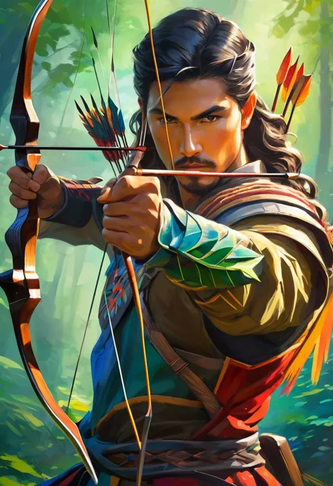 穿著Archer服裝的男人.Closeup bow and arrow art.Archer, Deep Forest Shooter.(masterpiece, best quality:1.2),art illustration，Abstract su...