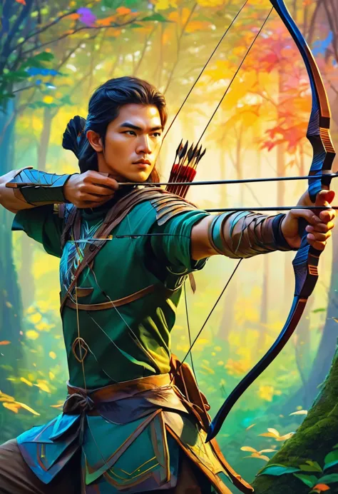 穿著Archer服裝的男人.Closeup bow and arrow art.Archer, Deep Forest Shooter.(masterpiece, best quality:1.2),art illustration，Abstract su...