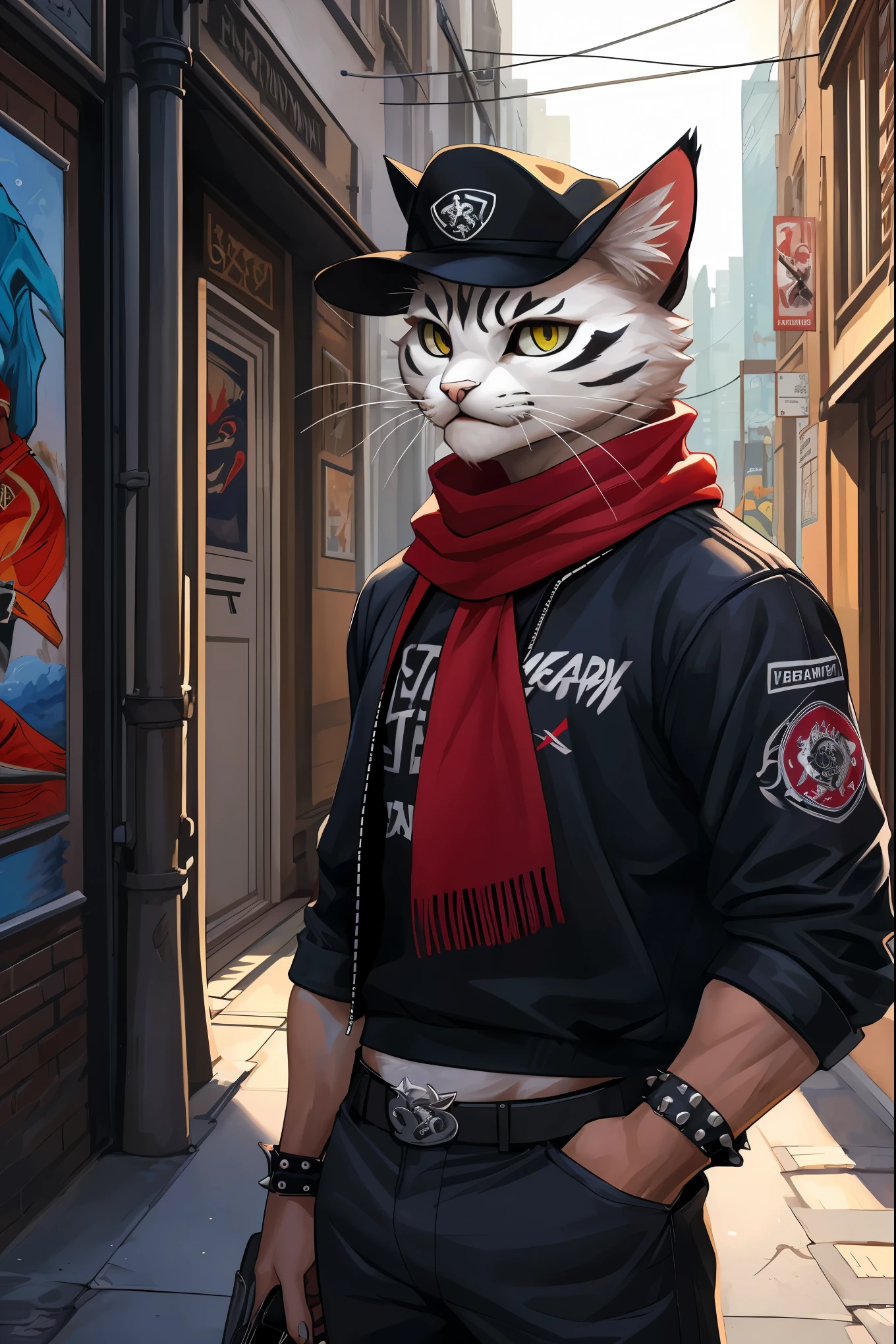 a painting of a cat wearing a hat and scarf, trending in the art station, dressed in punk clothes, detailed hyper realistic rendering, british gang member, street style, intimidating pose, planet of the cats, clothes with fashion, urban samurai, meow, west slavic features, 8 1 5