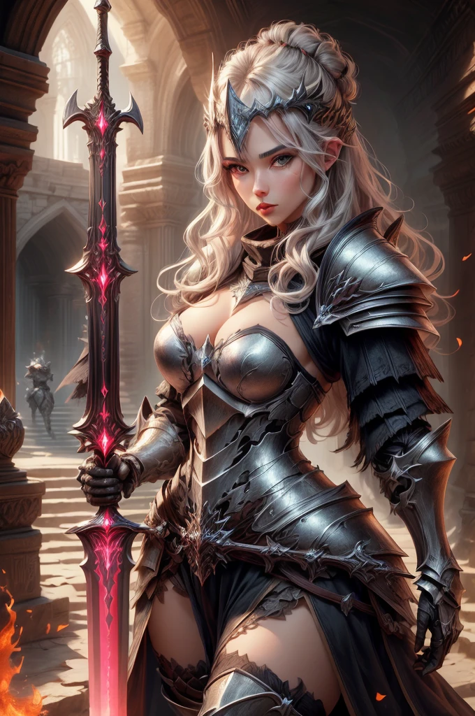 a close up of a woman in armor holding two  sword , fire and ice swords, knight armor, knight helmet, fantasyoman, detailed fantasy art, gorgeous female paladin, portrait knight female, portrait of female , picture of female beautiful female knight, epic fantasy art style, female paladin, of a beautiful female knight, epic exquisite character art, stunning character art, fantasy concept art portrait