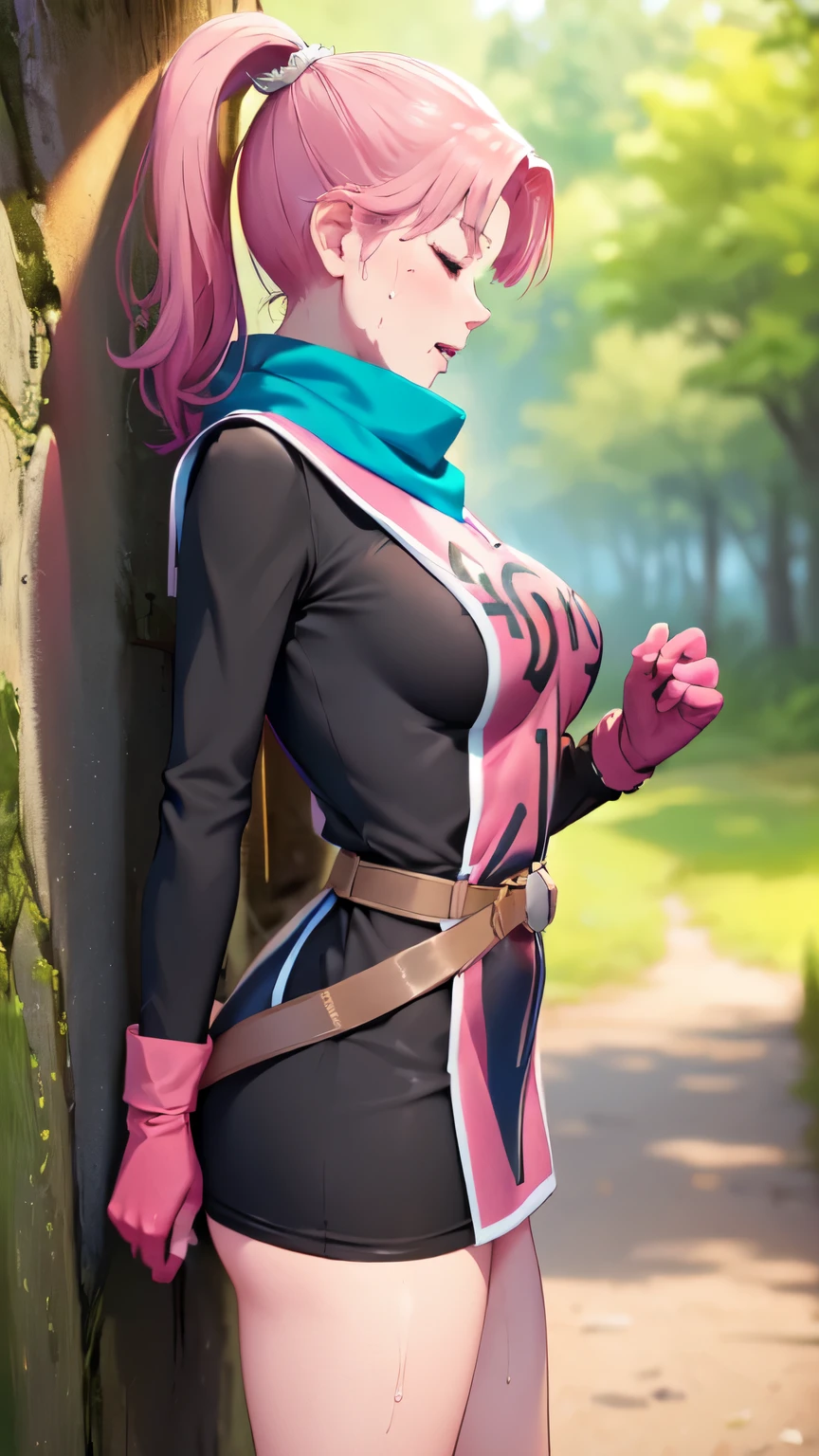 masterpiece, best quality,  priMaam, medium hair,ponytail, blue scarf, circlet, short dress, pink tabard, black sleeves, belt, gloves, looking at viewer,nsfw,1girl,solo, large breasts, large hip,embarrassed,in heat,closed eyes tightly,blush,sweat,sexual fluids, ((((vulgarity)))),trembling,grab pussy,female masturbation,cover one's mouth with one's hand,skift lift,show pussy,village,forest,lean against a tree,looking through legs, front view