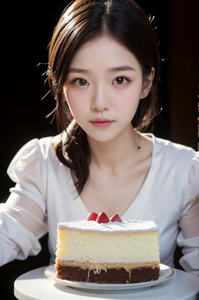 Pastry Chef、Long sleeve、(Highest quality)、((Very detailed))、4K、(8K)、masterpiece、Very detailedな、Highest quality、Super Resolution、1 person、Kind Face、Soft Light、RAW quality、Soft Skin、163cm、Cake Shop、Cheesecake