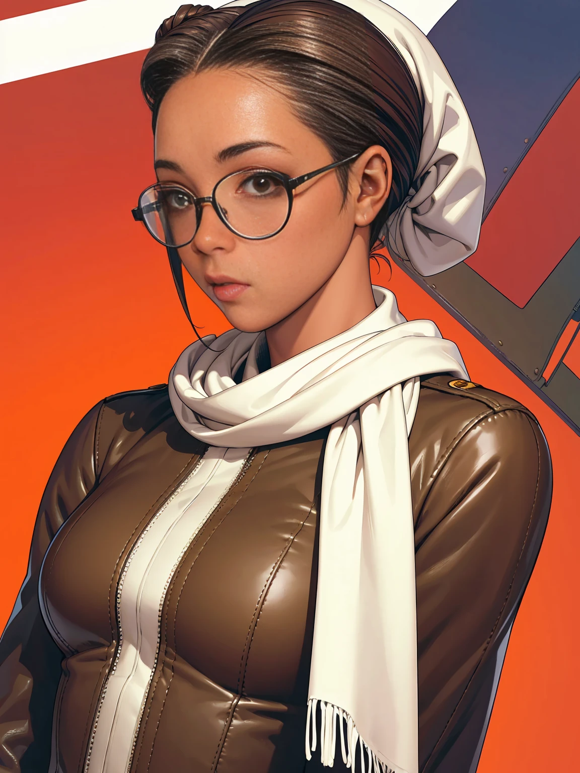 Hermosa mujer afroamericana con chaqueta de aviador, Bufanda blanca y gorro de aviador con gafas junto a un avión, pintura digital, Ilustración digital, detalle extremo, Arte digital, 4k, ultra alta definición. Tu piel es profunda, Tiene un color intenso y el cabello recogido en un moño.