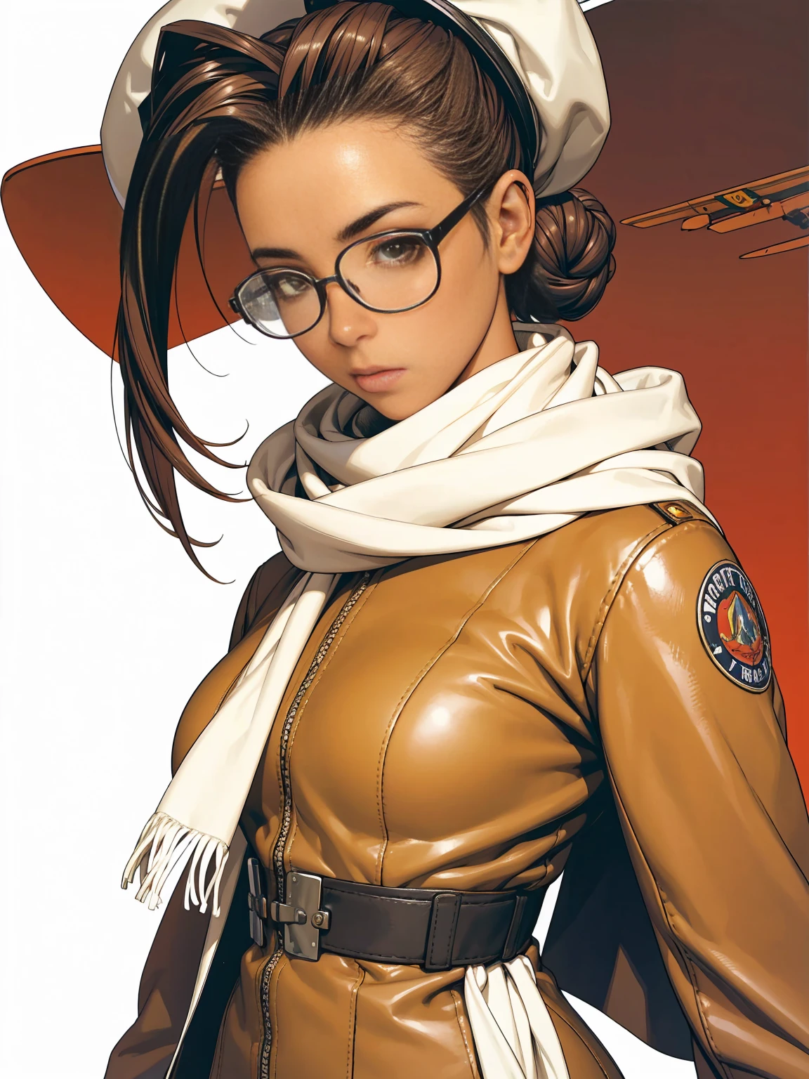 Hermosa mujer afroamericana con chaqueta de aviador, Bufanda blanca y gorro de aviador con gafas junto a un avión, pintura digital, Ilustración digital, detalle extremo, Arte digital, 4k, ultra alta definición. Tu piel es profunda, Tiene un color intenso y el cabello recogido en un moño.