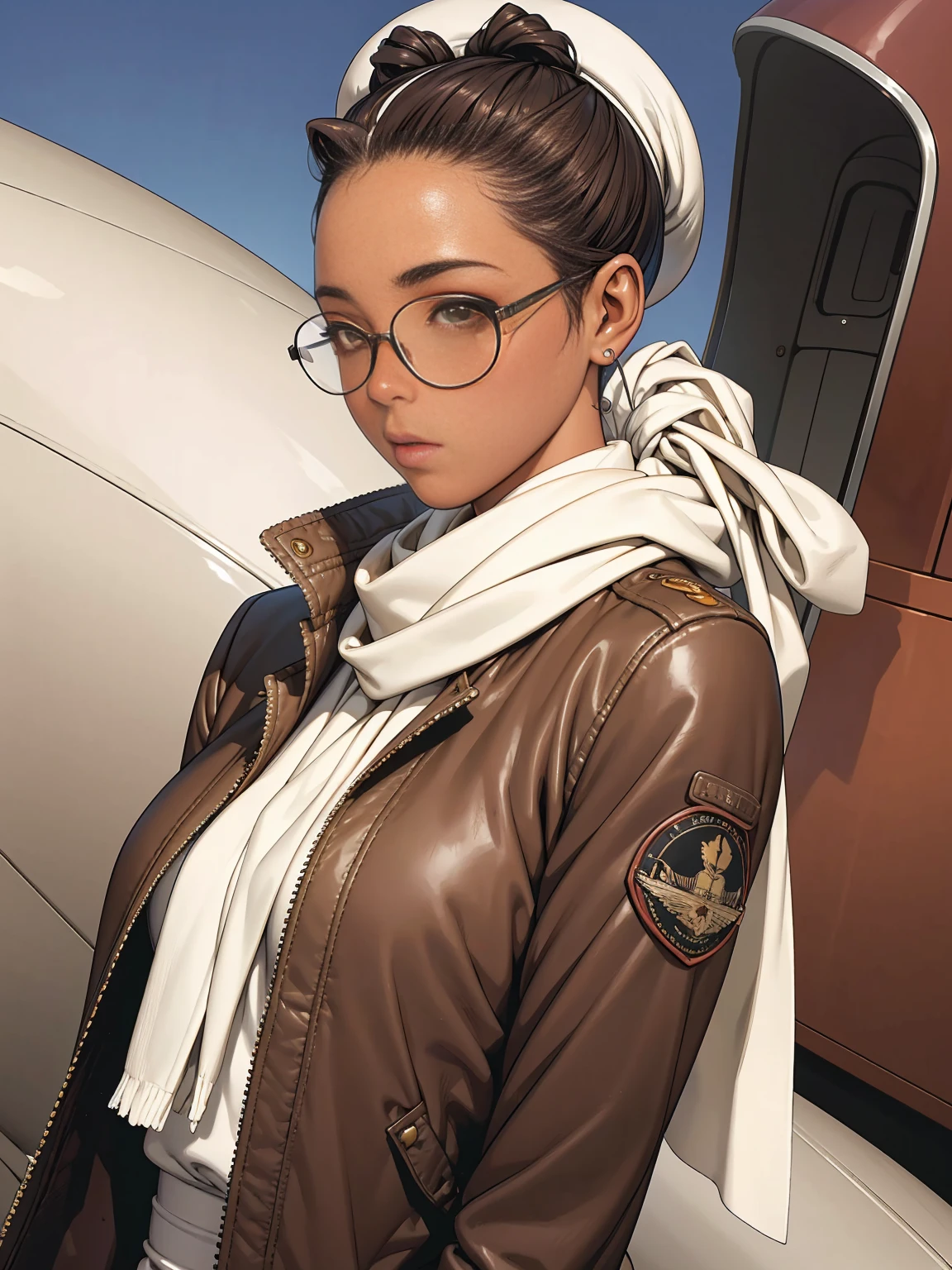 Hermosa mujer afroamericana con chaqueta de aviador, Bufanda blanca y gorro de aviador con gafas junto a un avión, pintura digital, Ilustración digital, detalle extremo, Arte digital, 4k, ultra alta definición. Tu piel es profunda, Tiene un color intenso y el cabello recogido en un moño.