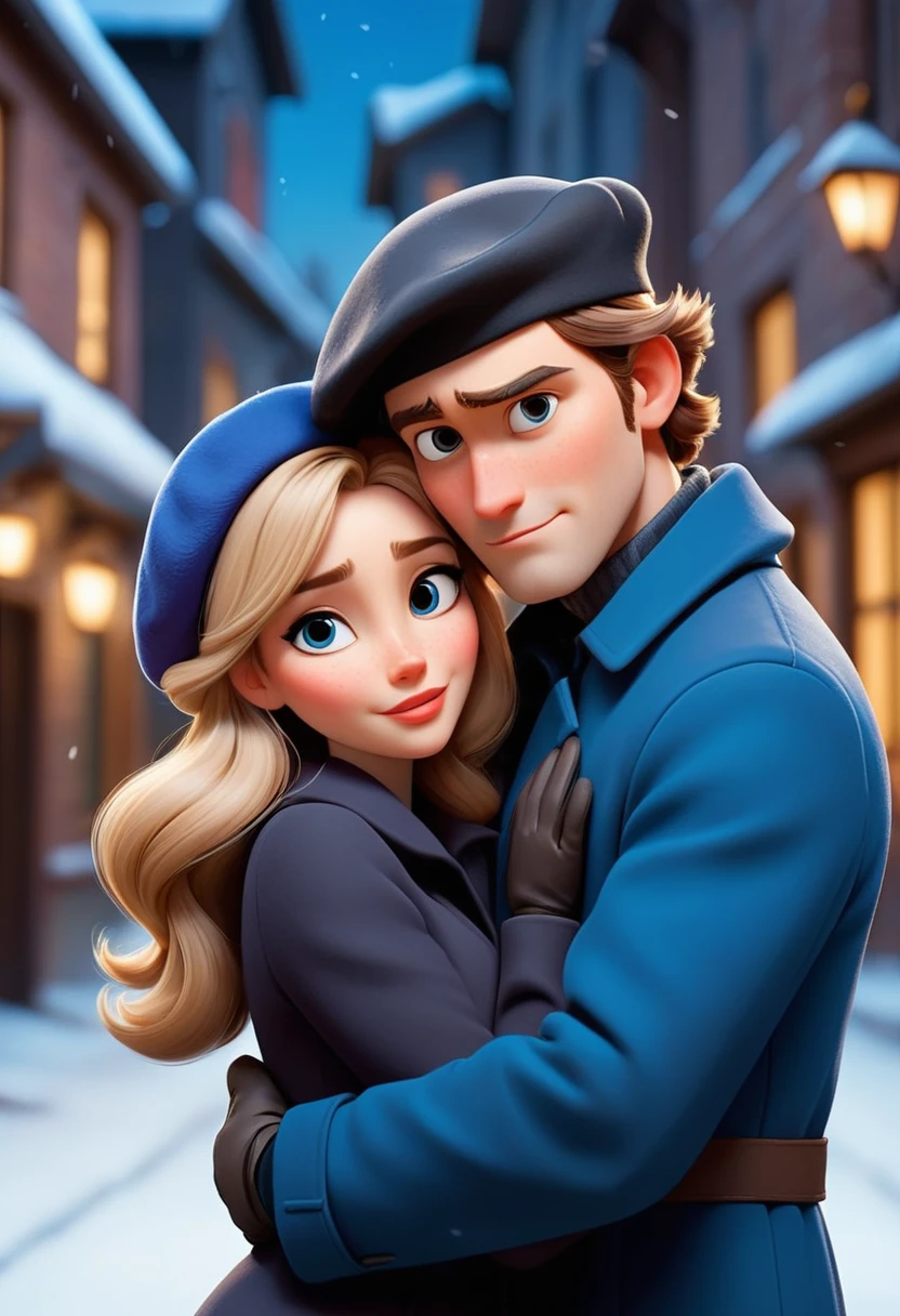 (disney pixar style:1.2) (cute adorable girl:1.1) (adult aged 20:1.15), a couple, clad in a blue coat and beret, are embraced in a warm embrace in front of a snowy street scene. the woman, positioned on the left side of the frame, has long, wavy blonde hair and a blue beret. her right arm is draped over the man's shoulder, while her left arm is bent at the elbow. the man, on the right side of the frame, has brown hair and a stern expression. he wears a black coat and a blue beret. the street behind them is covered in snow, with a few houses visible in the distance. the backdrop is a snowy night, with the moon shining brightly in the sky.