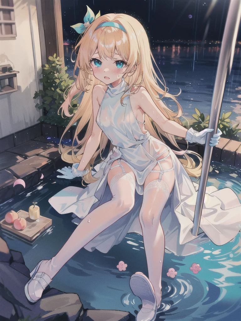 A large amount of sweat drips from the forehead,　Overall orange background in the evening　Sunset sunlight,Full body depiction on screen,　Glaring Eyes　Showing disgust　Huddle together　Blonde Long Hair　anime　Primary school students　Romanesque style　 Super Curly Hair　Super long sideburns　See-throughの衣服　Wet and sheer pearl skin turtleneck wedding dress　３人の少女達がcuteポージング　Pool at night　Droopy eyes　Peach ribbon headband　天蓋付きのcuteベッド　Aqua Blue Rubber Sheets　Aqua Blue Rubber Bed　Lying down　Sad face　Embarrassing　Blushing　Wet and transparent pearl skin berry long skirt　Wet and transparent pearl skin tights　Wet and transparent pearl skin innerwear　Rubber luster　Multiple pink ribbons　Soaked in the rain　Wet and transparent pearl skin super long gloves　Wet and transparent pearl skin pantyhose　Hot Pink Garter Belt　cute　Pitiful　clear　Big eyes　Droopy eyes　Pale pink rouge　Shocking Pink Pink Long Boots　Wet and transparent pearl skin body　See-through　See-through　Wet　衣服が汗で濡れてSee-through　全てWet