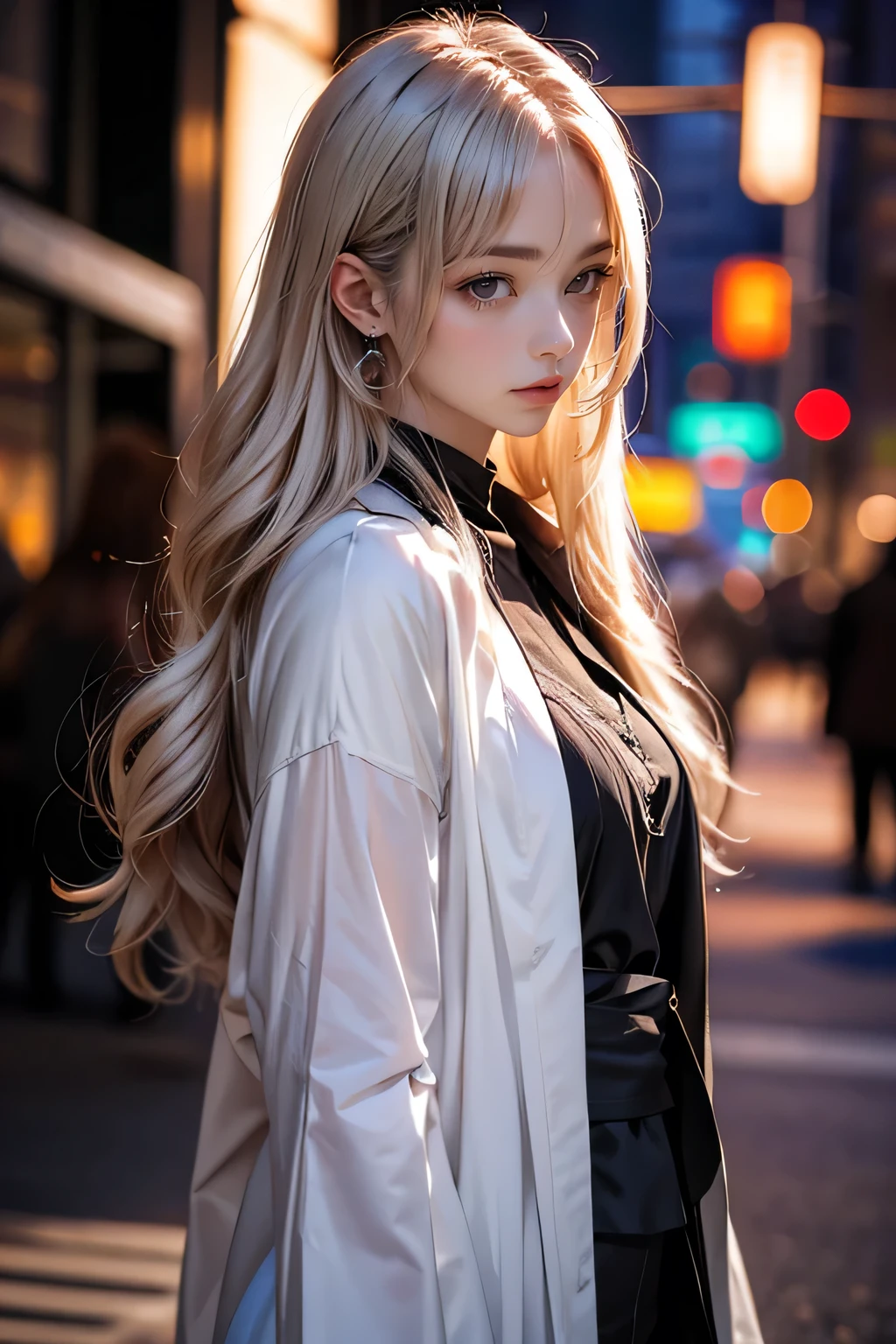 a young girl with long white hair and beautiful red eyes, standing in a rainy city, looking at the viewer, cinematic lighting, extremely detailed, highly detailed face and eyes, high resolution illustration, 8k, shallow depth of field, bokeh, portrait, official art, masterpiece, best quality