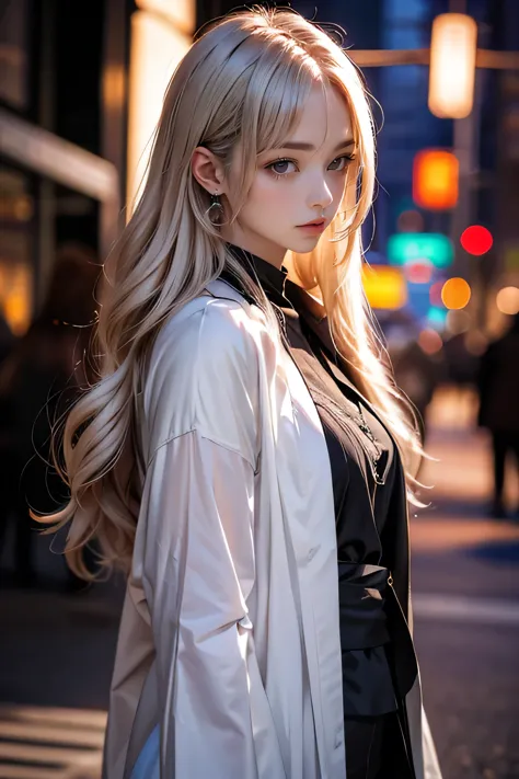 a young girl with long white hair and beautiful red eyes, standing in a rainy city, looking at the viewer, cinematic lighting, e...