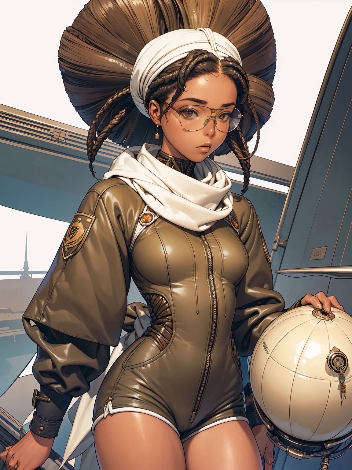 belle femme afro-américaine en veste d&#39;aviateur, (((entièrement le corps))), (((short court))), (((fille afro))), (((cuisses nues))), (((marcheur des dunes))), écharpe blanche et chapeau d&#39;aviateur avec des lunettes à côté d&#39;un avion, peinture numérique, illustration numérique, détail extrême, art numérique, 4k, Ultra HD. Ta peau est profonde, couleur riche et ses cheveux sont tirés en arrière en chignon