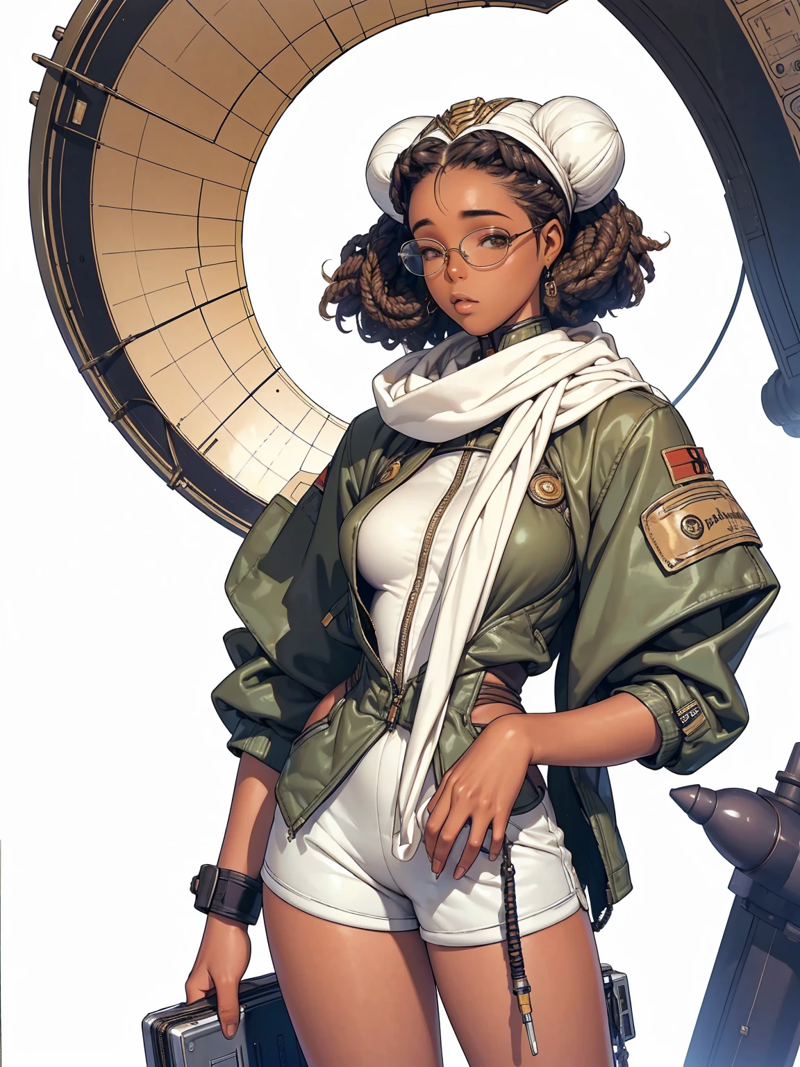 Hermosa mujer afroamericana con chaqueta de aviador, (((cuerpo completo))), (((shorts cortos))), (((chica afro))), (((muslos desnudos))), (((caminante de dunas))), Bufanda blanca y gorro de aviador con gafas junto a un avión, pintura digital, Ilustración digital, detalle extremo, Arte digital, 4k, ultra alta definición. Tu piel es profunda, Tiene un color intenso y el cabello recogido en un moño.