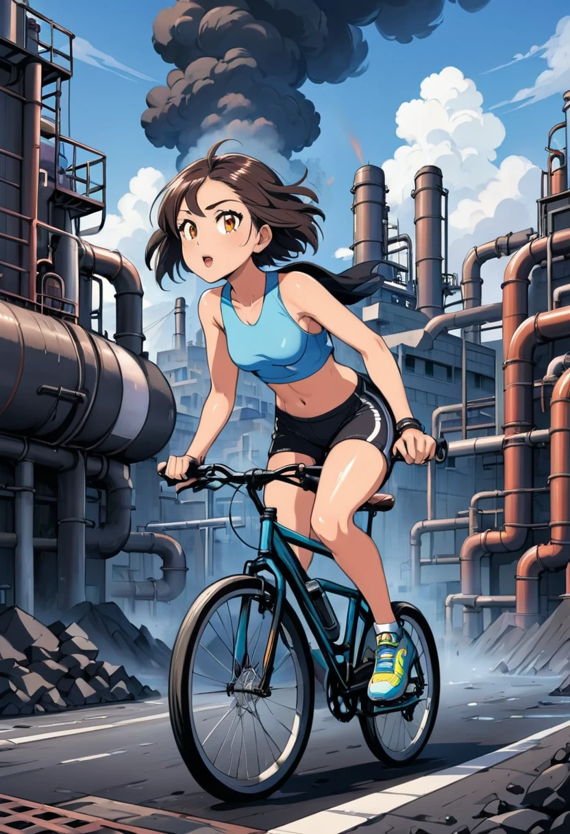 ein Mädchen fährt Fahrrad, in Laufshorts, kurze Shorts, Industrierohre in einer Vulkanstadt