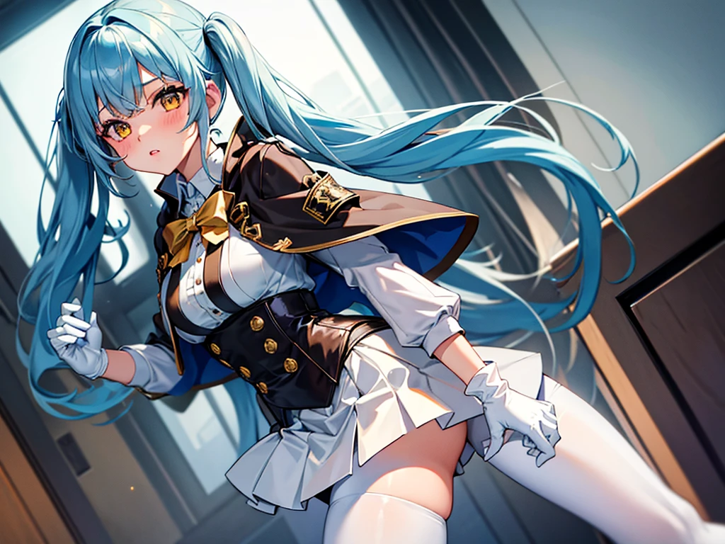 1girl, solo, long hair, breasts, looking at viewer, blush, bangs, skirt, shirt, gloves, long sleeves, twintails, blue hair, standing, jacket, yellow eyes, white shirt, pantyhose, cowboy shot, parted lips, shiny, indoors, white gloves, miniskirt, black skirt, black pantyhose, capelet, white jacket, pencil skirt, shiny clothes, brown pantyhose, white capelet,looking back
