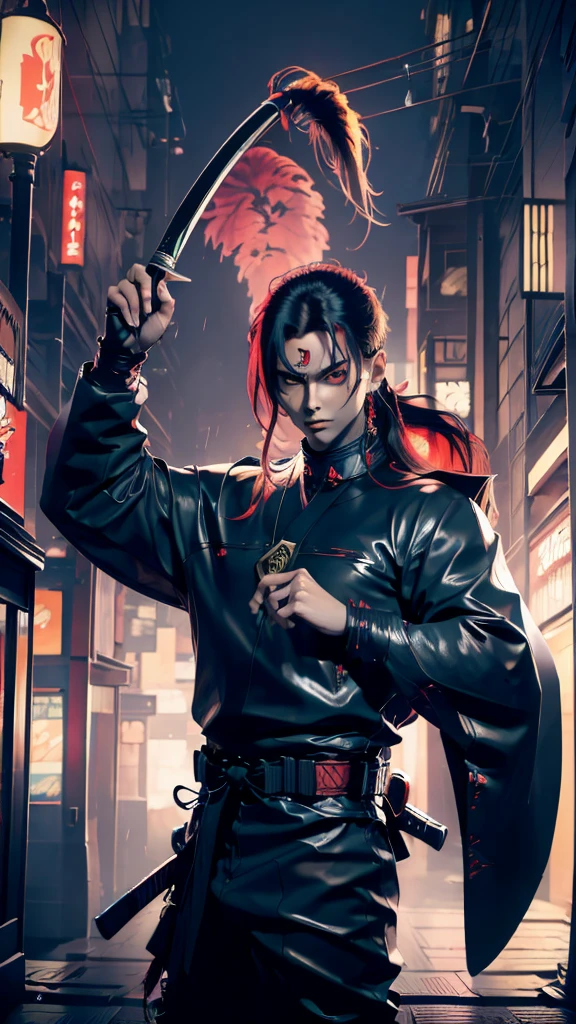 (masterpiece) finest quality, ultra-detailed, ultra-realistic, 20 year old men, piercing glace, cyberpunk outfit,red neon on the cyberpunk outfit, red eye color, futuristic tokyo background, night time, tokyo on fire, rainy weather, long hair, holding a katana, cyberpunk katana