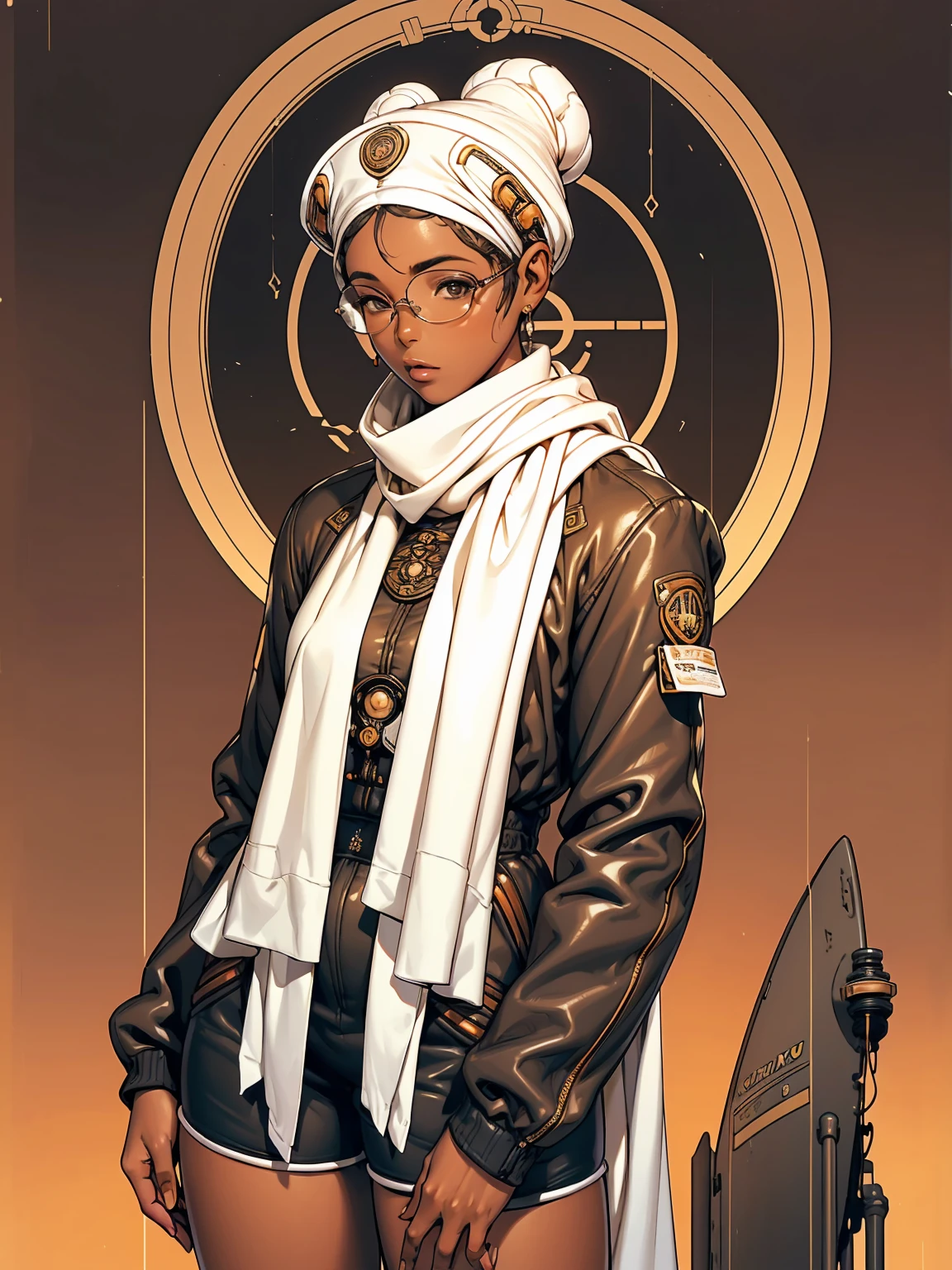 Beautiful African American woman in aviator jacket, (((fully body))), (((shorts curto))), (((afro girl))), (((coxas nuas))), (((DuneWalker))), white scarf and bomber aviator hat with glasses next to a plane, digitalpainting, Digital illustration, extreme detail, digitl art, 4K, ultra HD. Your skin is deep, rich color and her hair is pulled back into a bun