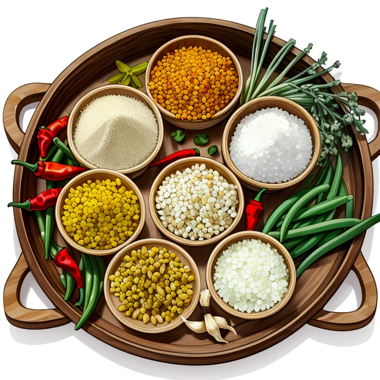 (masterpiece)), ((best quality:1.2)), ((watercolor)), ((vibrant color))), ((minimalist)), surrounded with ((negative space)), ((solid white background)), a wooden tray full of a lot of spices in many different type of container and small jar, cooking spices, turmeric, galangal, red chilies, green chilies, shallots, coriander, lemongrass, cloves, tamarind, garlic, whole grains, green beans, ginger, salt,,((no Clipping)), ((no shadow clipping)), ((no object clipping)), (((solid white background))), very subtle shadow, (perspective view),