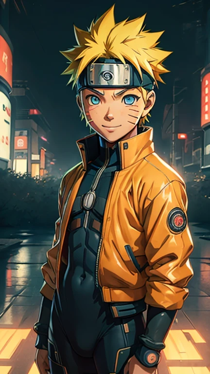 (8k),(chef-d&#39;œuvre),(Japonais),( garçon),((regard innocent)),((puéril)),de face,sourire,Mignon,innocent,des yeux gentils,poitrine plate, Uzumaki Naruto portant une combinaison cyberpunk,court,Les cheveux au vent,Cheveux blonds,Vent fort,nuit,sombre, Néon cyberpunk Station spatiale Konoha 