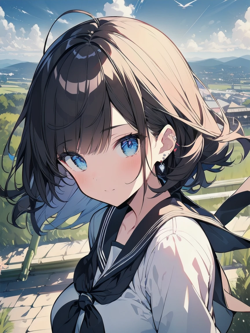 (best quality), (Super detailed), (Best Illustration), (masterpiece), (woman), upper body, (white serafuku), (large breasts), {(detailed eyes), blue eyes}, {brown hair, (sideburns), (bob cut:1.3), curly hair, hairs between eyes, colored inner hair}, blush, earring, hair band, (wind), beautiful sky, (panoramic view:1.4)