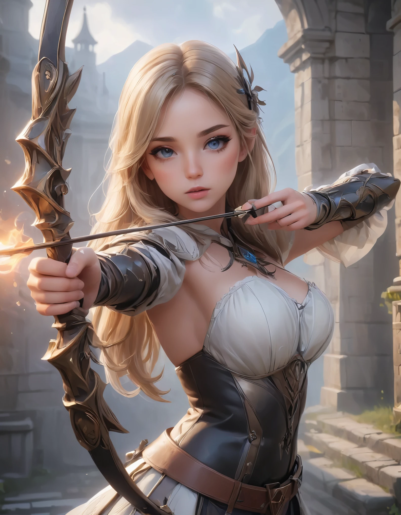 Woman shooting a bow, Large Bow and Arrow, Take aim, longbow , Aiming with a bow, Delicate expression, Perfect hands(Five fingers), Beautiful Hair, Shiny Hair, Beautiful Skin, Detailed face and eyes, Glossy Lips, Medieval Fantasy, Dramatic lighting, Film composition, Dramatic pose, Medieval Armor, Intricate details, Dramatic atmosphere, Moody lighting, an epic fantasy, Very detailed, cinematic, dramatic, powerful, strong, (Highest quality:1.2, Very detailed, Latest, Vibrant, Ultra-high resolution, High Contrast, masterpiece:1.2, Highest quality, Best aesthetics),